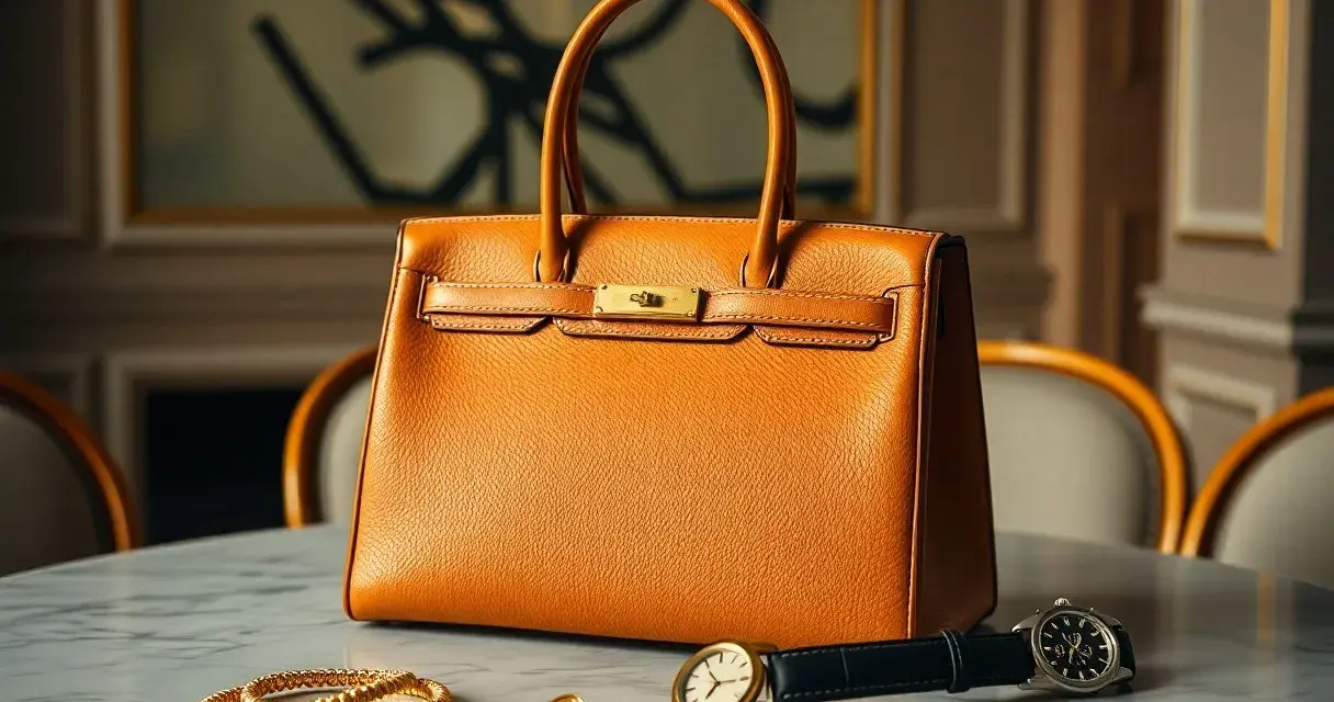 Un articolo di Hermès: borsa arancione in pelle, orologio, bracciale d'oro e orecchini su un tavolo di marmo.