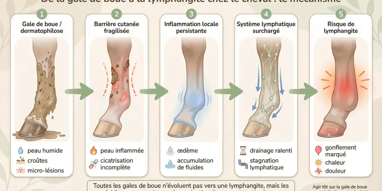 Schéma expliquant le passage de la gale de boue à la lymphangite chez le cheval : peau humide, inflammation, œdème, stagnation lymphatique, puis gonflement et douleur.