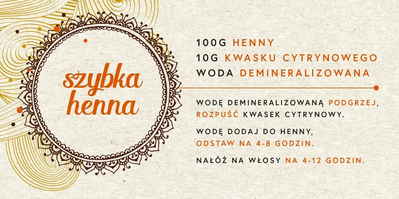 Instrukcja przygotowania henny: 100g henny, 10g kwasku cytrynowego, woda demineralizowana. Ile wody do henny? Podgrzej wodę, rozpuść kwasek, dodaj do henny.