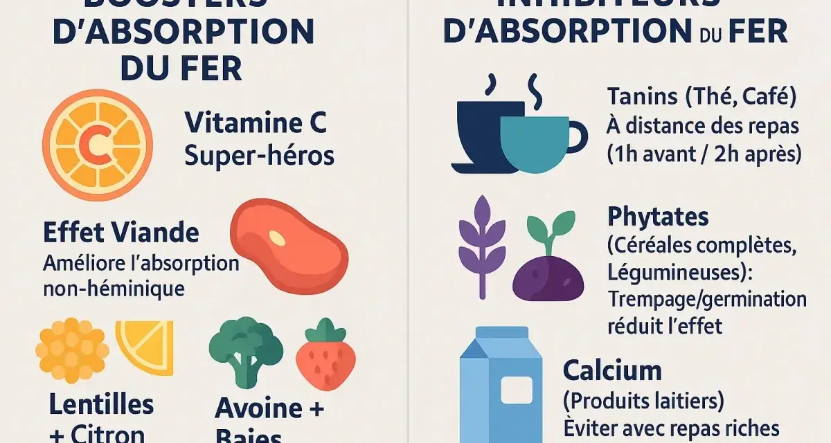 Vitamine C, viande, lentilles et avoine sont des boosters d'absorption du fer. Le calcium, les tanins et phytates l'inhibent.