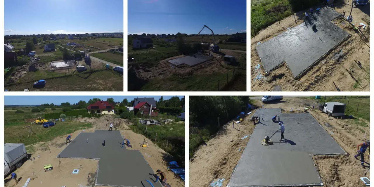 Budowa domu w toku: wylewanie płyty fundamentowej, prace wykończeniowe betonu.