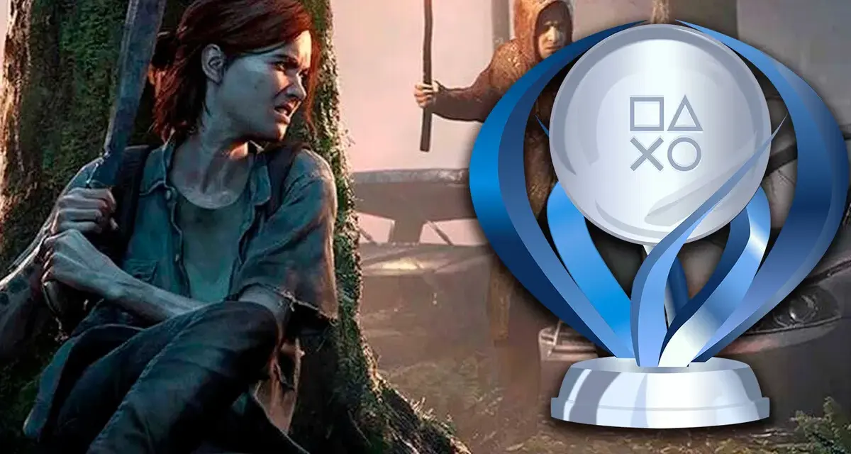 Ellie, con un machete, se esconde tras un árbol. Al fondo, un personaje con antorcha y el trofeo platino de The Last of Us 2.