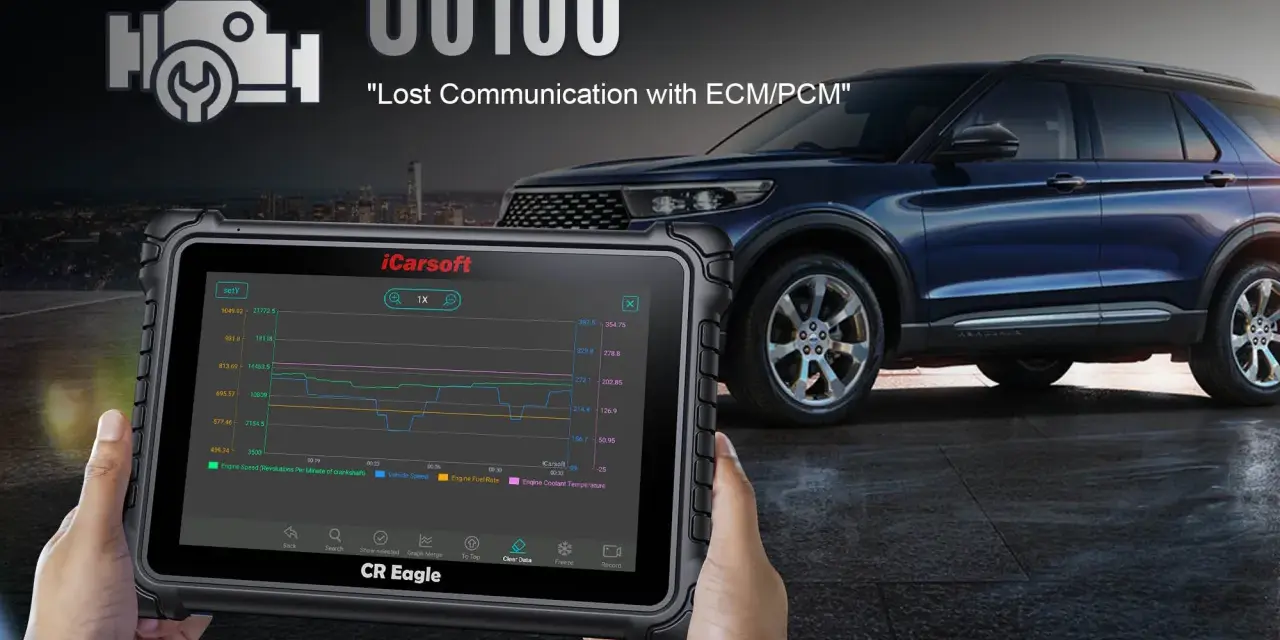 Diagnosing a U0100 code, "Lost Communication with ECM/PCM," with a diagnostic tablet showing engine data graphs.