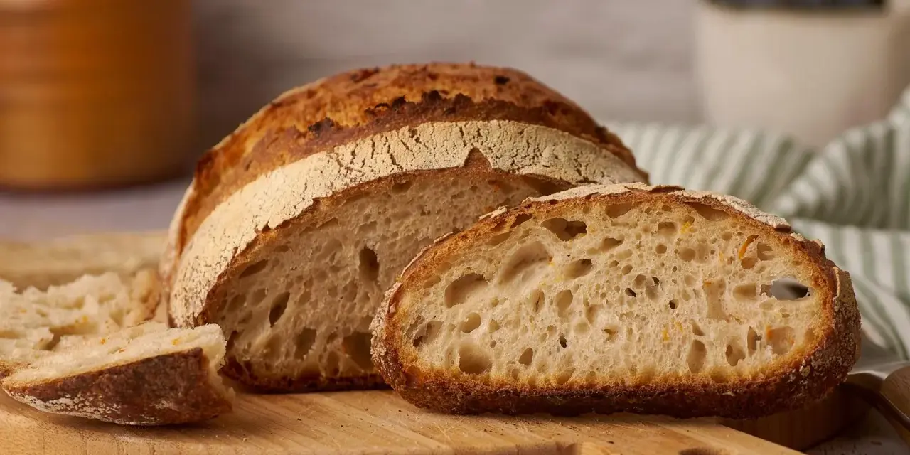 Ein frisch gebackenes reines Emmerbrot, aufgeschnitten auf einem Holzbrett. Die Krume ist luftig und goldbraun.
