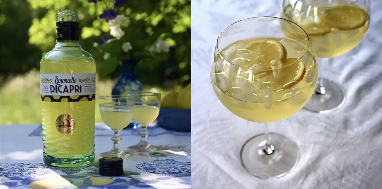 En flaska Limoncello Di Capri står bredvid två glas med drinken. En annan bild visar två glas med is och citron, en perfekt limoncello spritz.