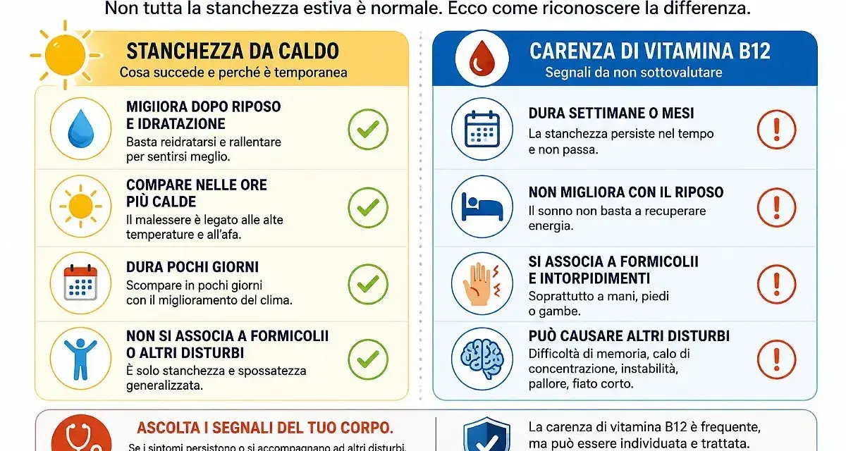 Stanchezza estiva: differenze tra colpi di calore e carenza di vitamina B12, che può causare disturbi persistenti.