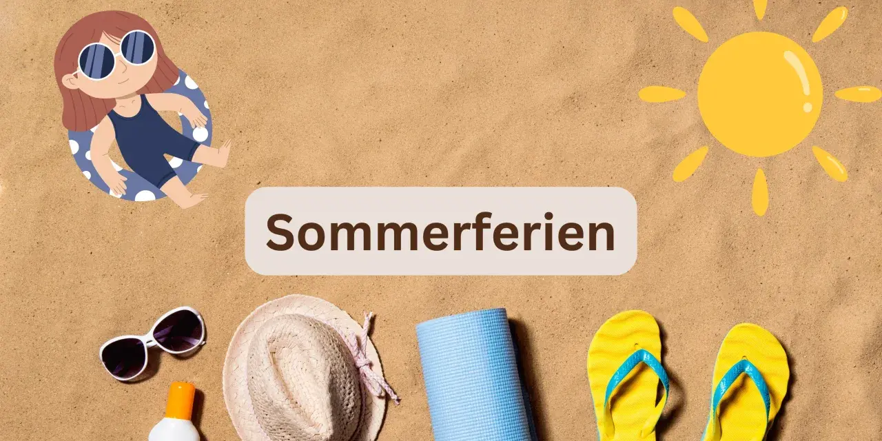 Sommerferien-Symbolbild: Kind im Schwimmring, Sonne, Hut, Sonnenbrille, Flip-Flops, Yogamatte auf Sand.