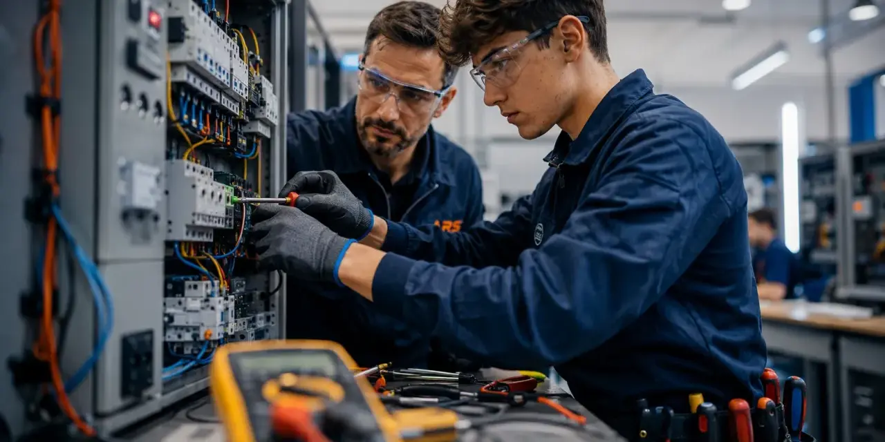 Giovane apprendista impara i segreti dei **corsi per elettricisti** con un esperto, lavorando su un quadro elettrico complesso.