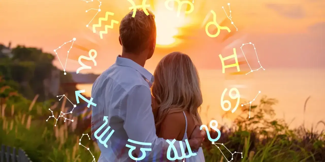 Para panny i strzelca, patrzących na zachód słońca, otoczeni przez znaki zodiaku.