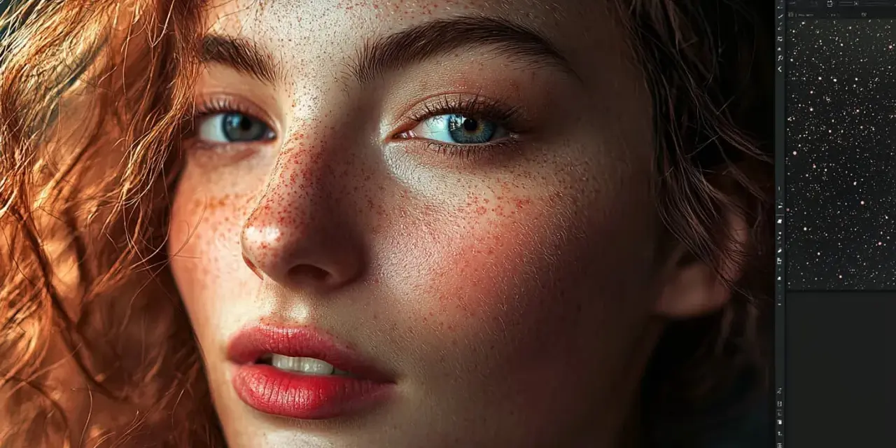 Portrait d'une rousse aux yeux bleus, peau parsemée de taches de rousseur. La **frequency separation** révèle la texture fine de sa peau.