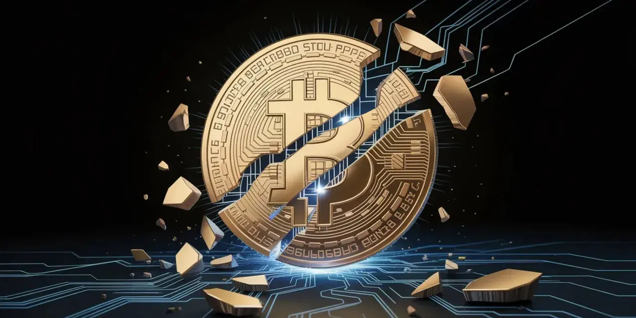 Złoty symbol Bitcoina rozpadający się na kawałki na tle cyfrowych obwodów.