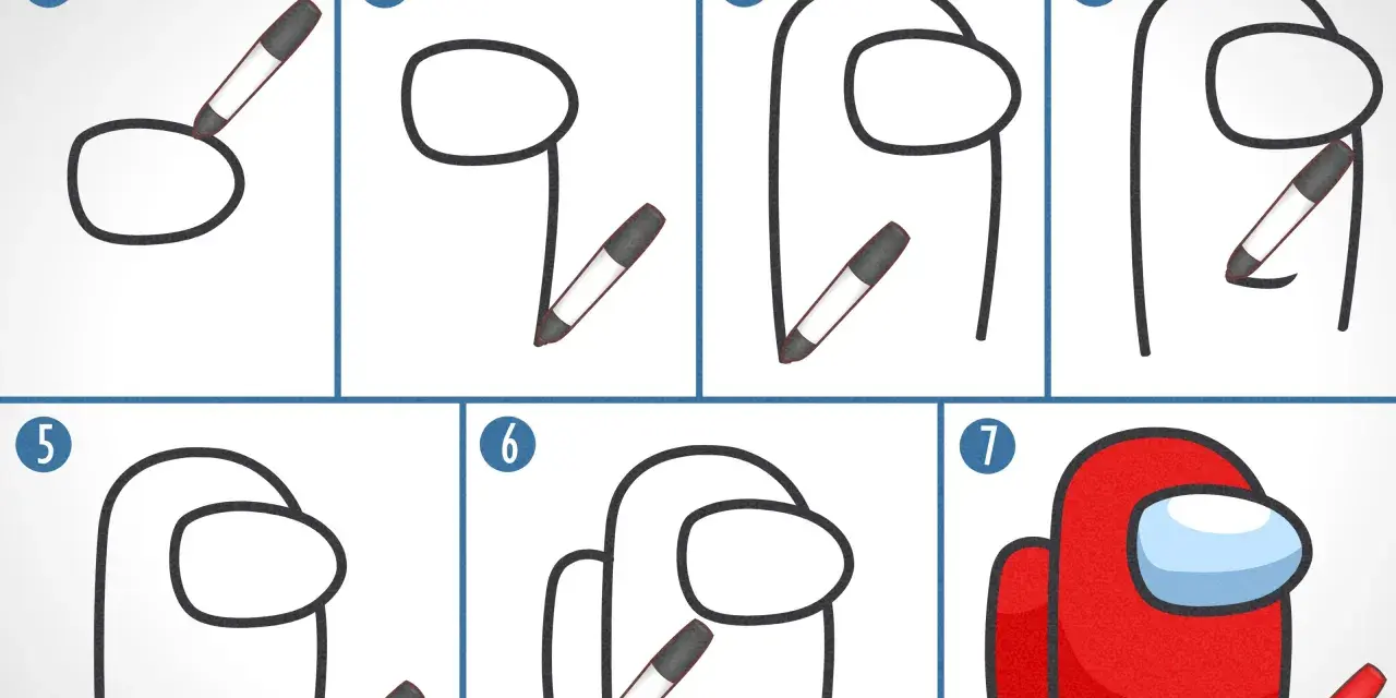Steg-för-steg-guide för att rita en Among Us-karaktär. Börja med en oval, lägg till ben och en visir. Färdigställ med en röd färg.