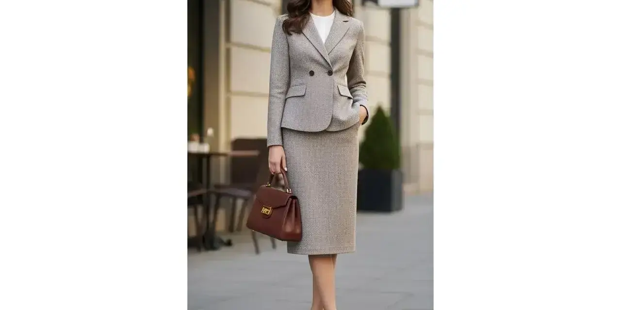 Elegancki damski outfit: tweedowy żakiet i spódnica w beżowym kolorze, biała bluzka, brązowa torebka i czarne szpilki.
