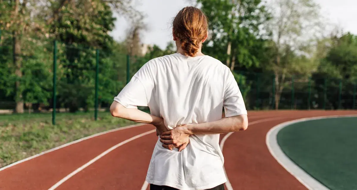 Une personne se tient sur une piste de course, le dos douloureux. La question se pose : peut-on courir avec une sciatique ?