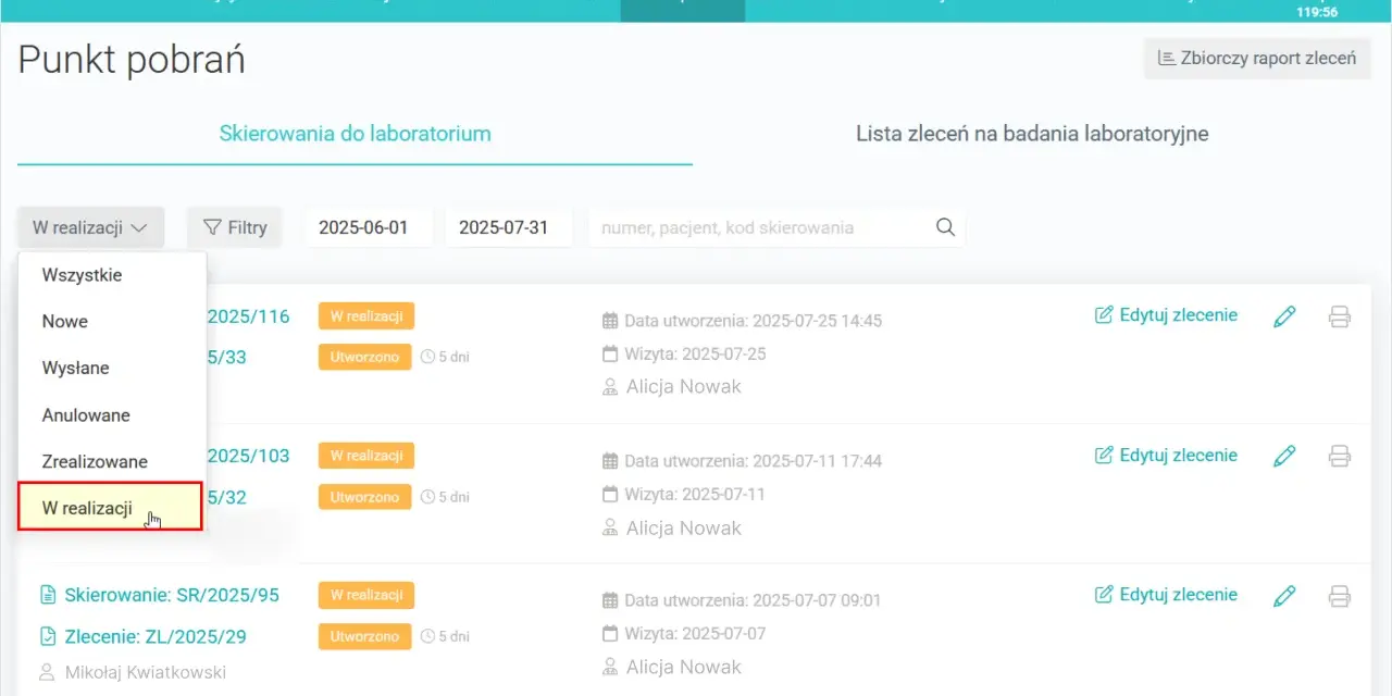Widok listy skierowań do laboratorium, z zaznaczoną opcją "W realizacji". Widoczne są dane zleceń i pacjentów.