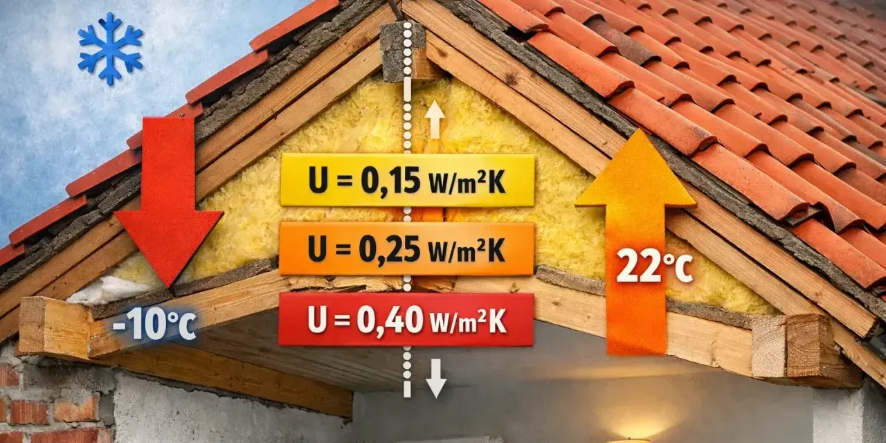 Przekrój dachu pokazuje izolację i jej wpływ na współczynnik przenikania ciepła (U). Różne wartości U (0,15, 0,25, 0,40 W/m²K) ilustrują straty ciepła.