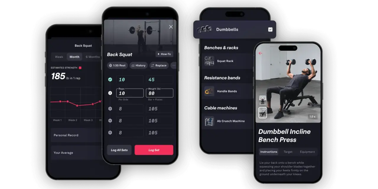 Gratis gym app visar träningsstatistik, övningsinstruktioner och loggning av set.