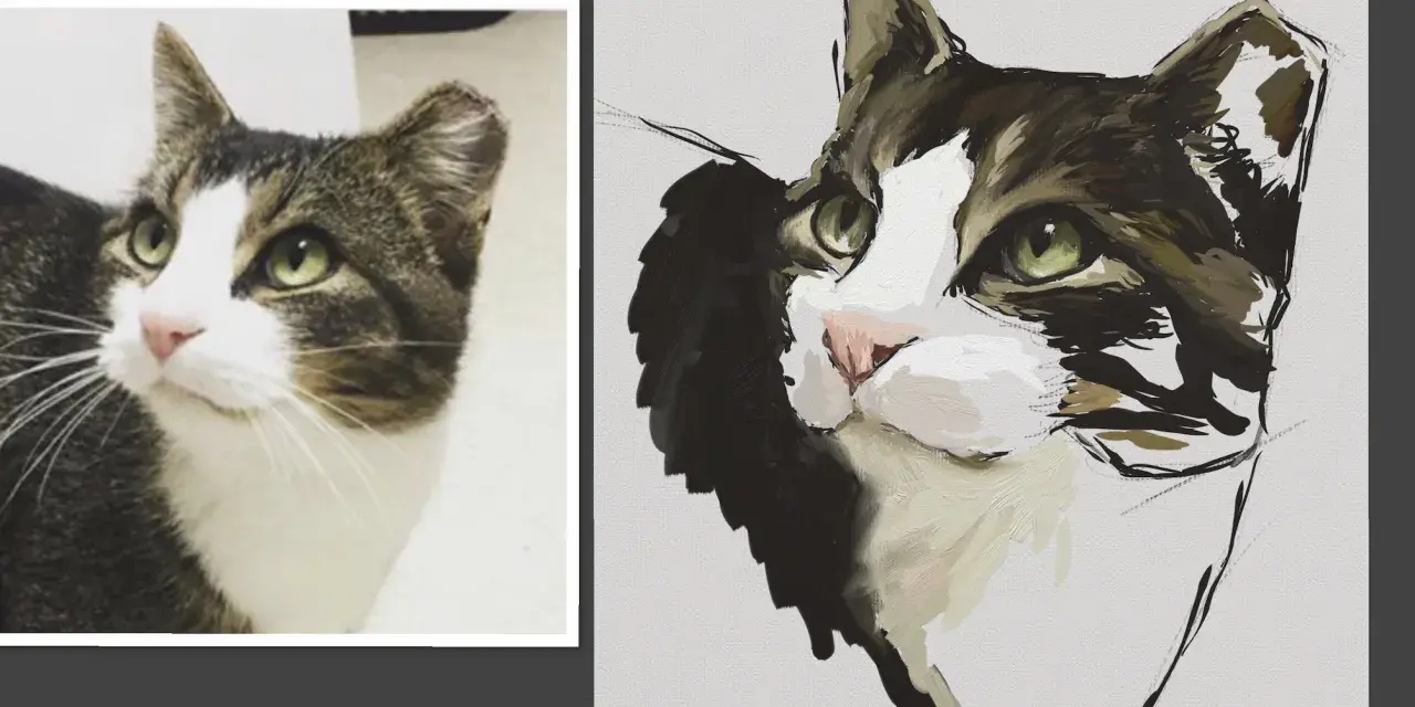 En konstnär försöker måla katt, med en bild av en katt till vänster och en pågående målning till höger.