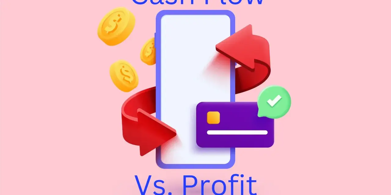 Illustration showing coins, a smartphone, a credit card, and arrows, representing the concept of cash flow vs. profit.