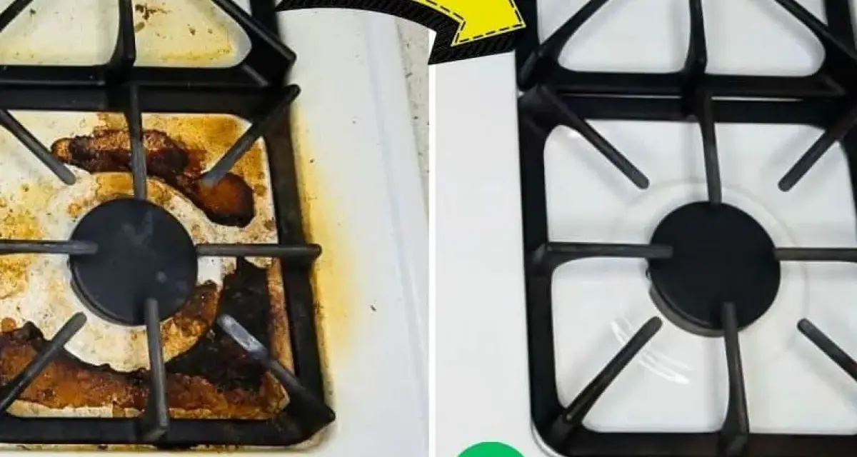 Before and after comparison showing how to clean stove top. The left side is dirty, the right side is sparkling clean.
