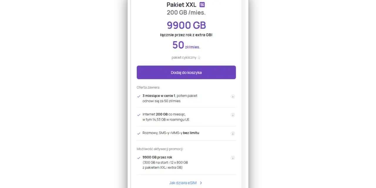 Pakiet XXL Play: 200 GB miesięcznie, 9900 GB przez rok. Promocja 3 miesiące w cenie 1, potem 50 zł/mies.