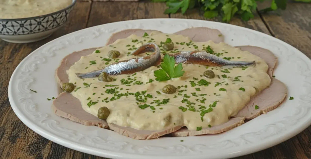 Vitello tonnato veloce: fettine di arrosto di vitello con salsa tonnata, capperi, acciughe e prezzemolo tritato.