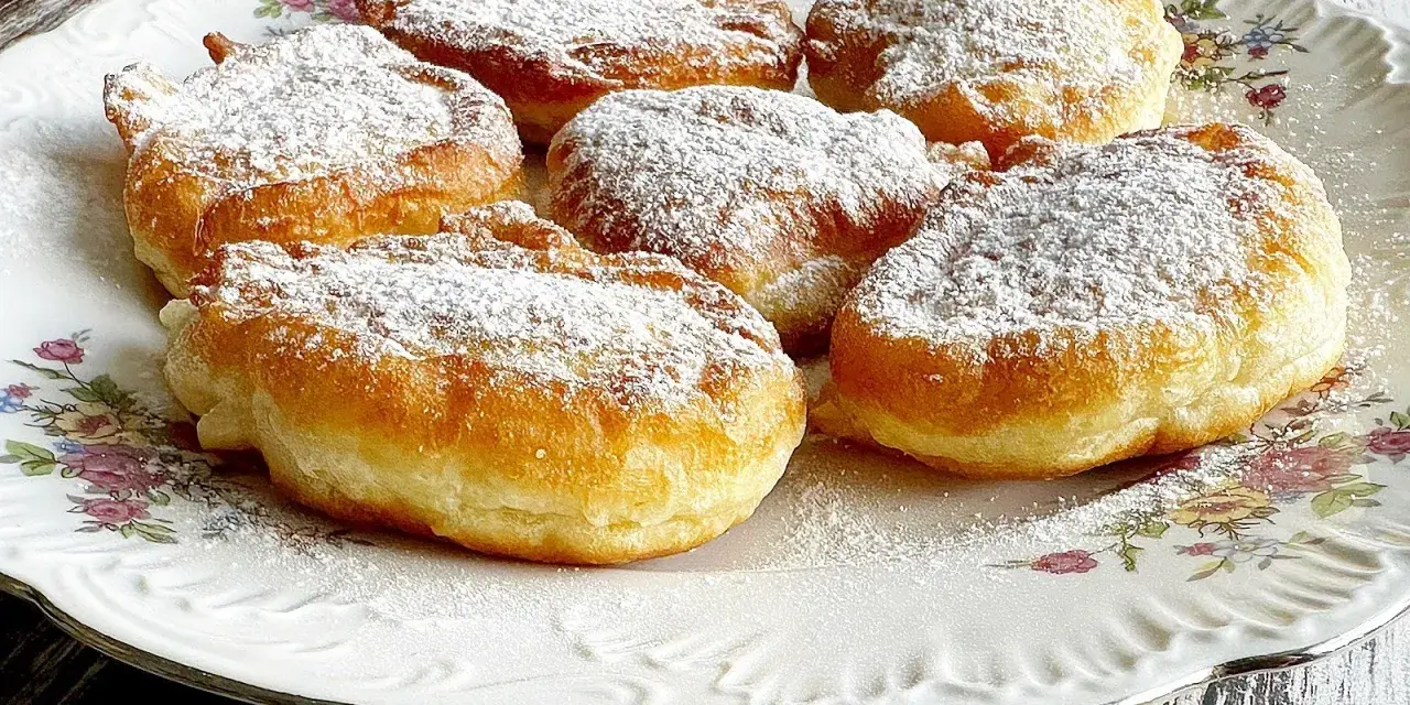 Puszyste racuchy na jogurcie, posypane cukrem pudrem, prezentują się apetycznie na talerzu z kwiatowym wzorem.