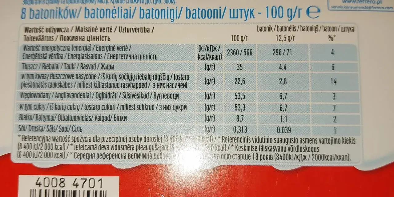 8 batoników Kinder o wadze 100g, każdy batonik to 12,5g. Sprawdź kalorie i skład.