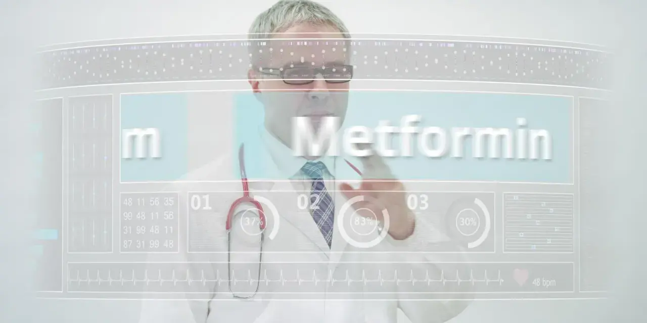 Lekarz analizuje dane na interaktywnym ekranie, gdzie widnieje nazwa "Metformin" i wskaźniki, sugerujące analizę potencjalnych metformina skutki uboczne.