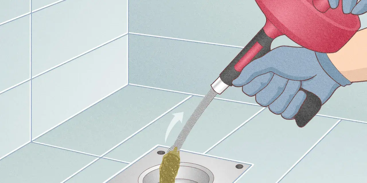 Gloves on, a drain snake is used to clear a clog from a shower drain. This illustrates how to snake a drain.