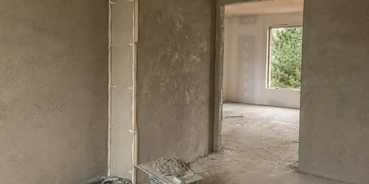 Wnętrze w trakcie prac wykończeniowych, ściany pokryte tynkami gipsowymi lub cementowo wapiennymi. Widoczne wiadro z zaprawą i narzędzia.