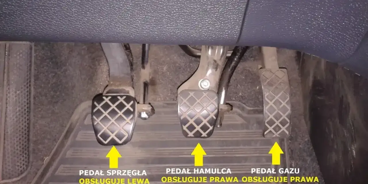 Trzy pedały w samochodzie: pedał sprzęgła obsługuje lewa stopa, a pedały hamulca i gazu prawa.