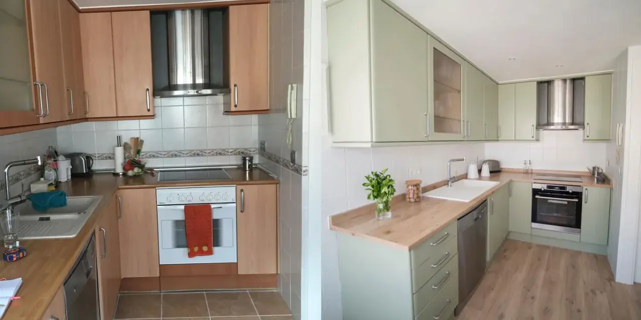 Cocina antes y después: un cambio radical. Muebles de madera a verdes pastel, encimeras y electrodomésticos renovados. ¡Un antes y después que inspira a tunear cocinas!