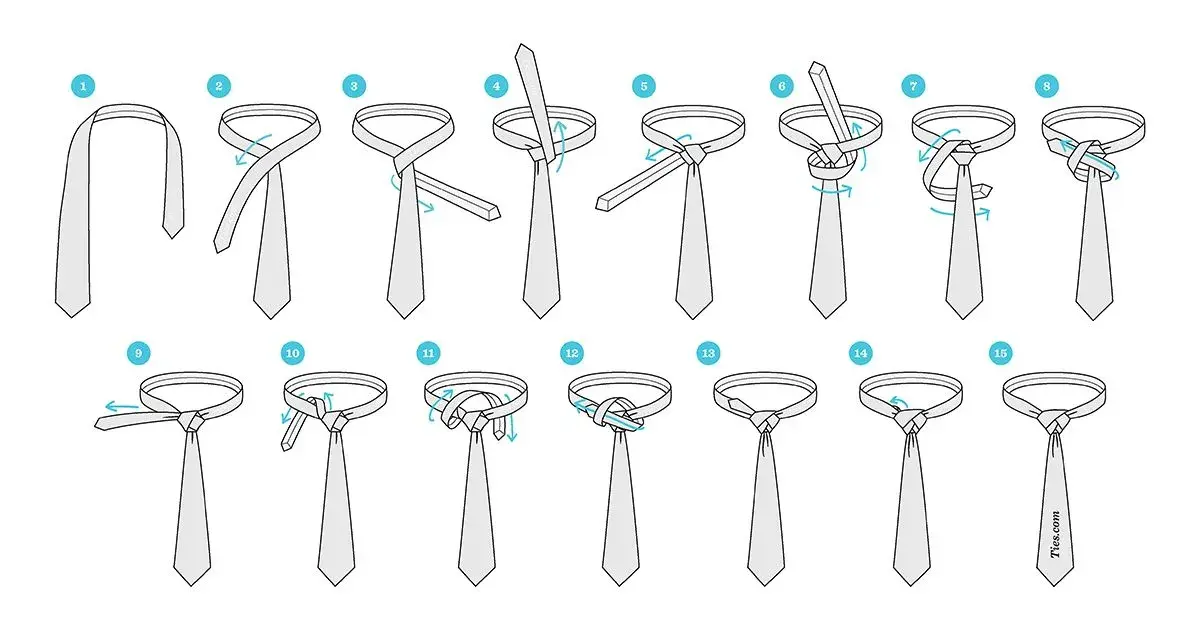 Illustrazione passo-passo per creare un nodo cravatta matrimonio perfetto. Dalla fase 1 alla 15, impara a fare un nodo elegante.