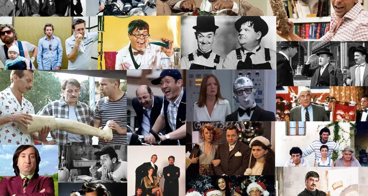 Collage di scene da film che fanno ridere: comici classici, attori in situazioni buffe e momenti memorabili di commedie.