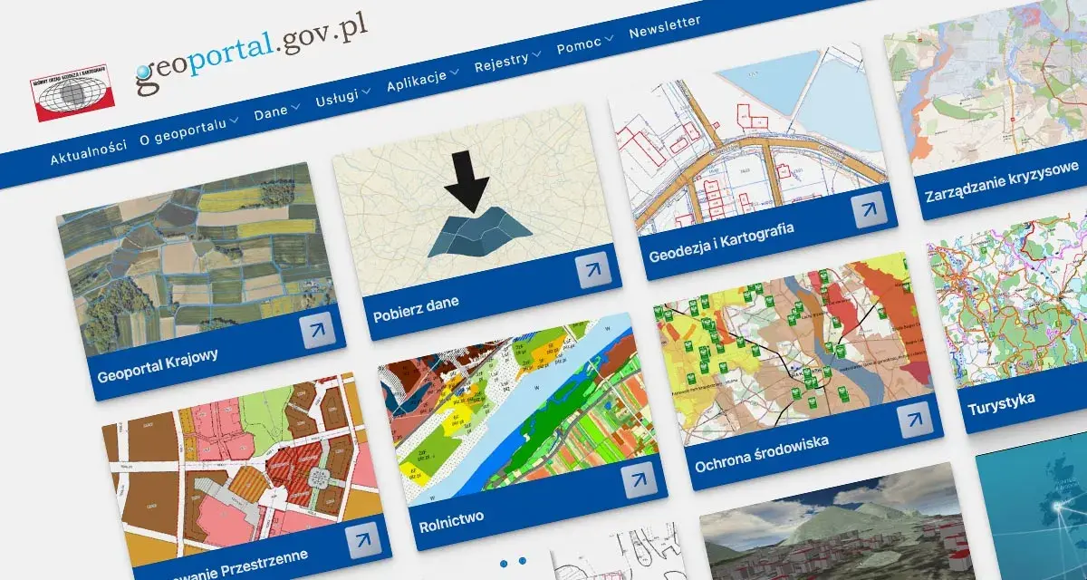 Ort fotomapa co to? Na ekranie geoportalu.gov.pl widać kafelki z różnymi mapami: krajobraz, dane, geodezja, rolnictwo, ochrona środowiska, turystyka.