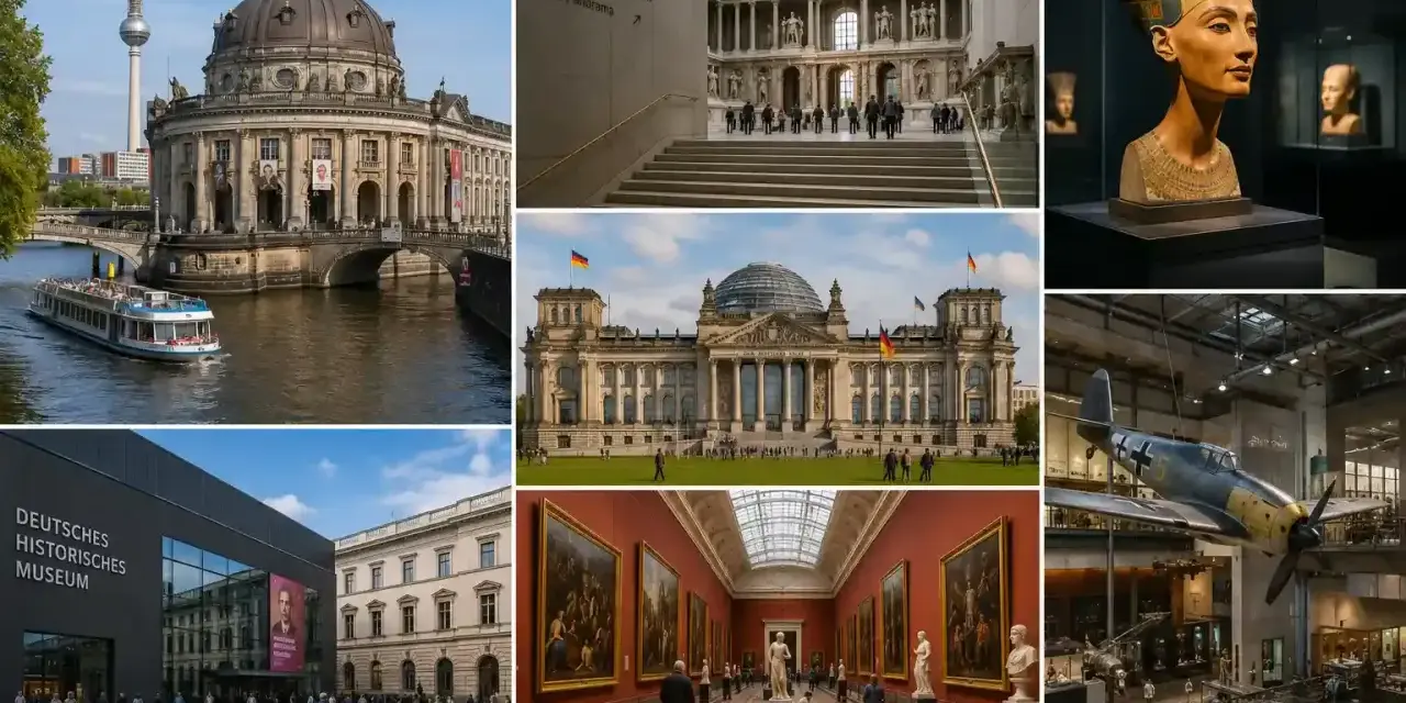 Berlin: Reichstag, Muzeum Historyczne Niemiec, Pergamonmuseum, a state dinner cruise, a plane exhibit, and Nefertiti's bust.