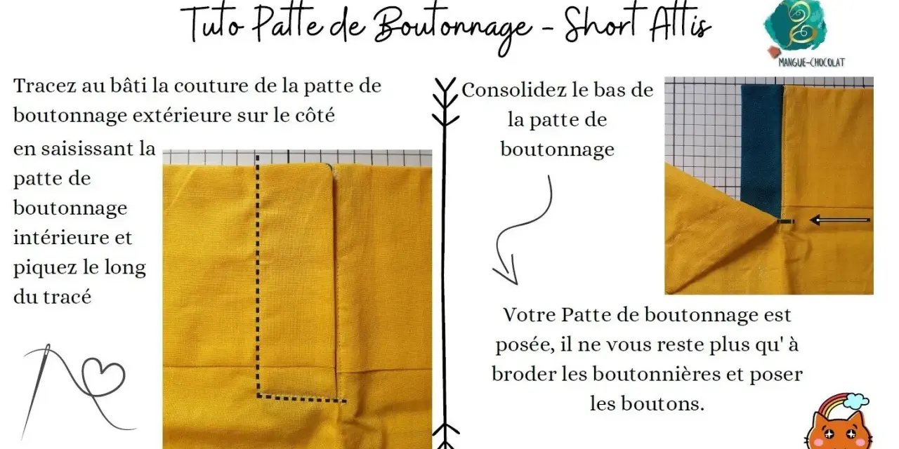 Tuto pour réaliser une patte de boutonnage sur un short. Les étapes montrent comment coudre et consolider la patte.
