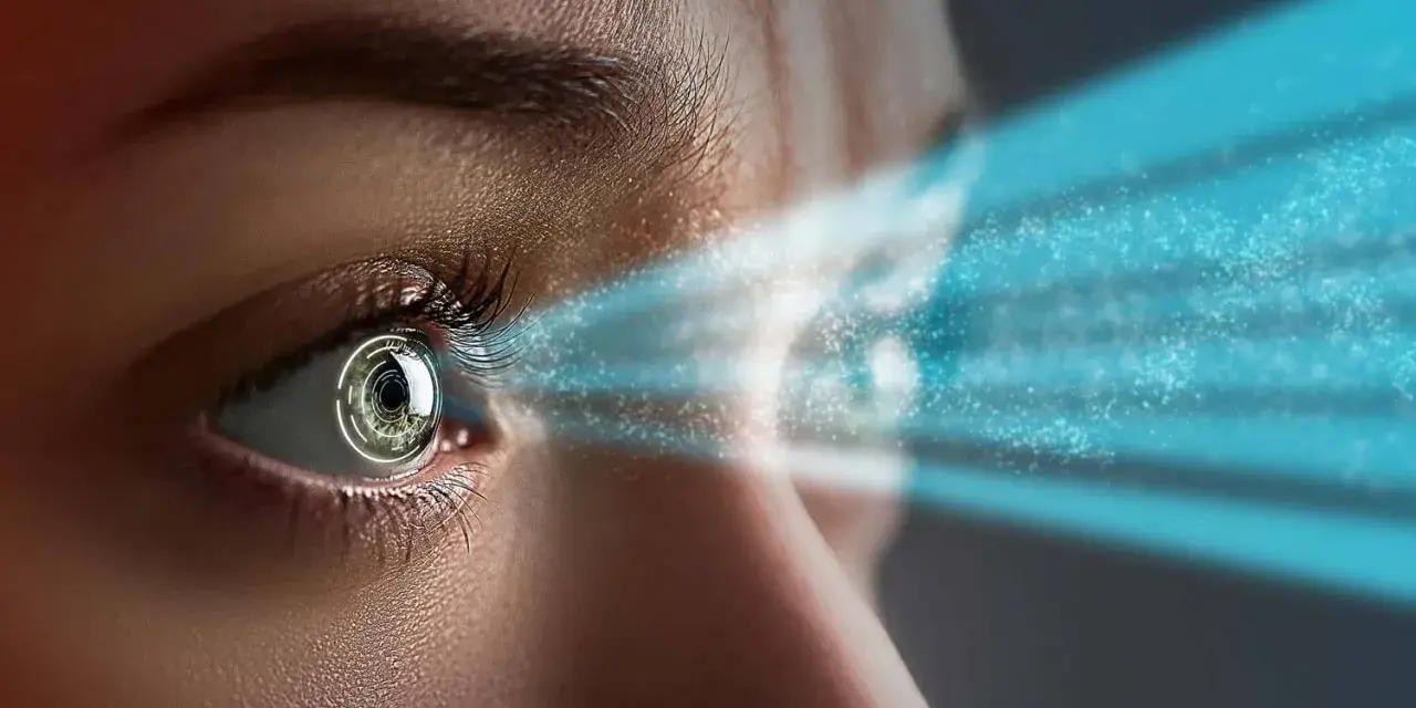 Occhio con fascio laser blu che simboleggia la capsulotomia yag laser convalescenza.