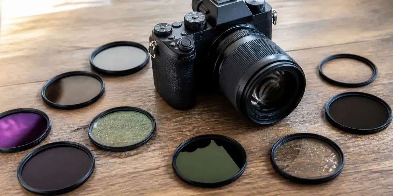Appareil photo noir entouré de plusieurs filtres pour la photo, dont un filtre UV.