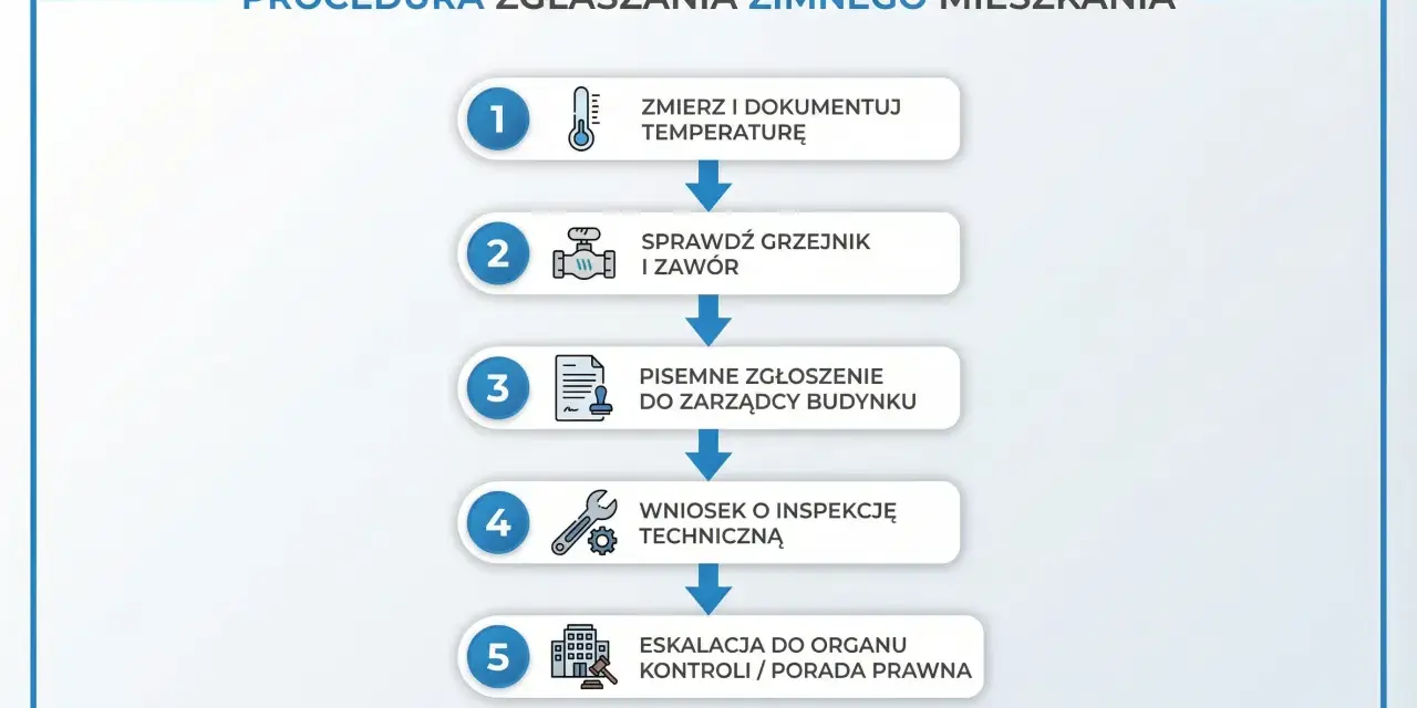 Procedura zgłaszania zimnego mieszkania: zmierz temp., sprawdź grzejnik, zgłoś do zarządcy, wniosek o inspekcję, eskalacja. Prawda o rzekomym wprowadzeniu limitów temperatury w blokach zasilanych z sieci miejskiej.