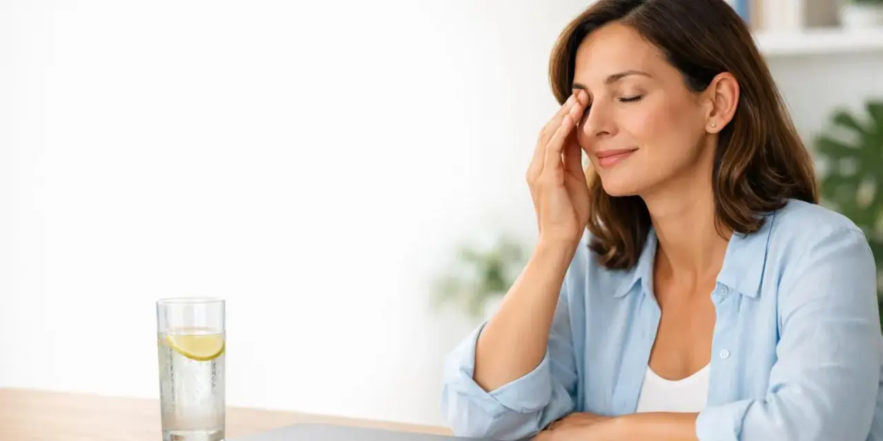 Donna con gli occhi che battono, appoggiata a un tavolo con un bicchiere d'acqua e limone e un laptop chiuso.