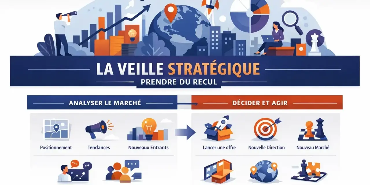 Illustration de la veille stratégique : analyse du marché (positionnement, tendances, nouveaux entrants, perception clients) et décision d'agir (lancer offre, nouvelle direction, nouveau marché, revoir stratégie). Ces outils de veille guident l'action.
