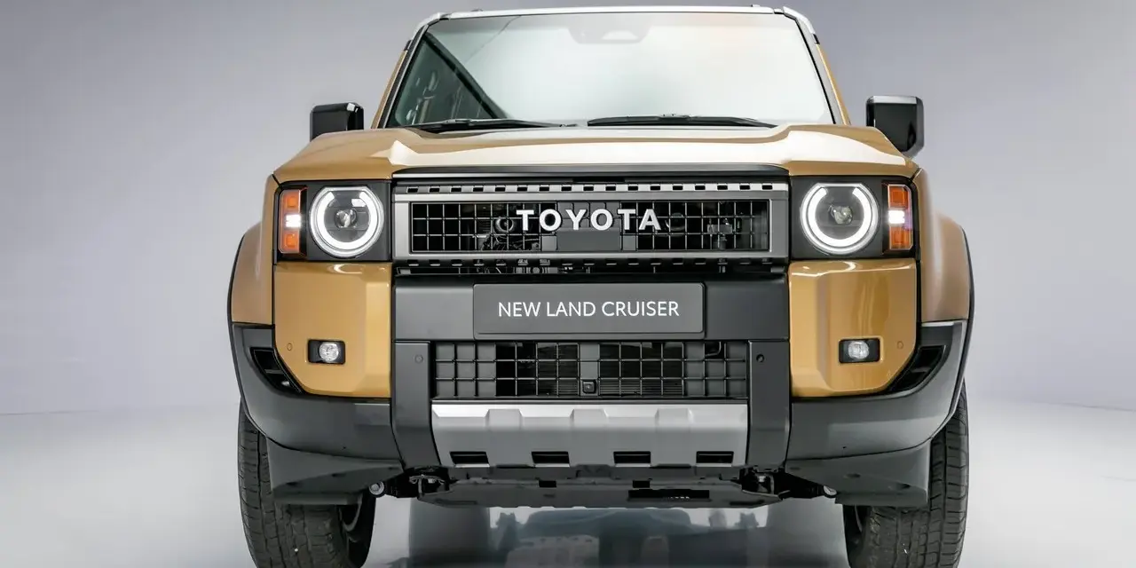 Nowy Land Cruiser Prado w złotym kolorze, z charakterystycznym grillem i okrągłymi światłami.