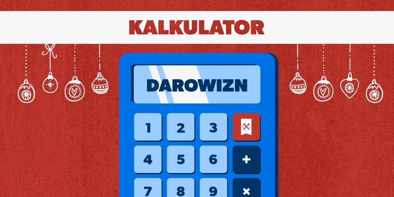 Kalkulator z napisem "DAROWIZN" i świątecznymi ozdobami. Dowiedz się, jak odliczyć darowiznę od podatku.