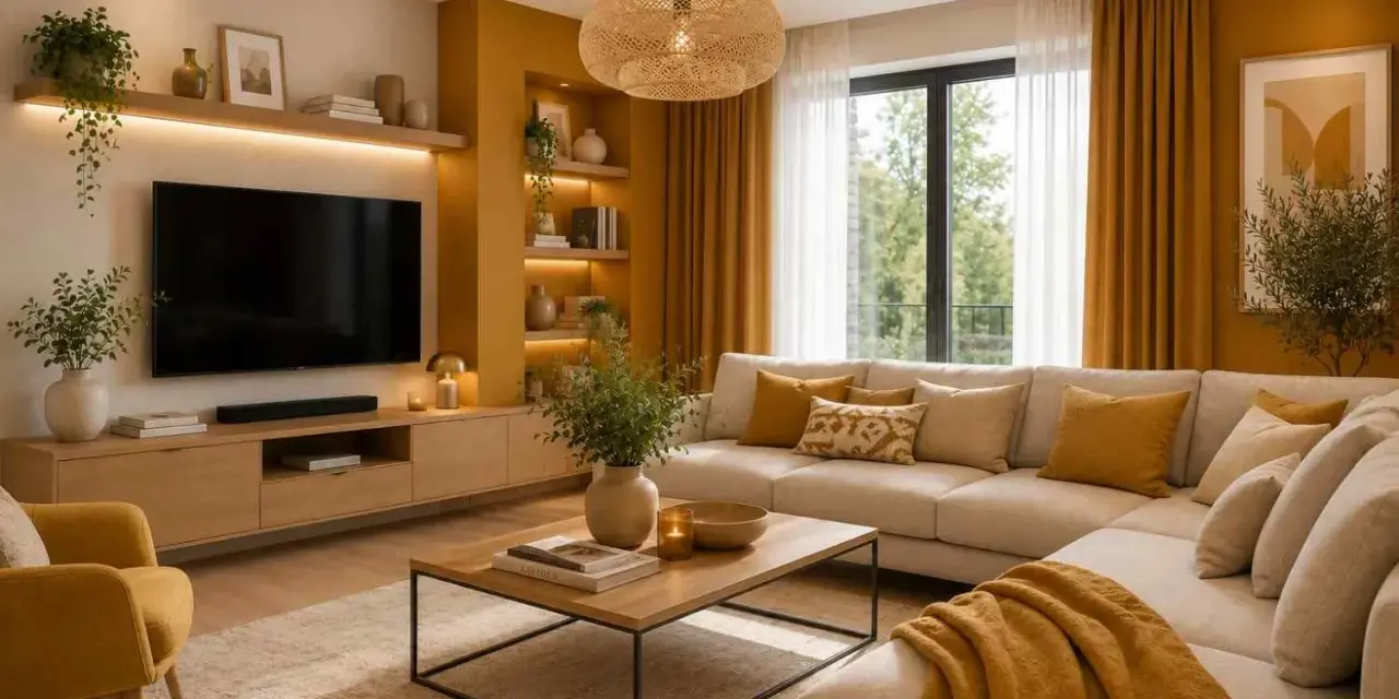 Przytulny salon w odcieniach ochry. Duża, beżowa kanapa z poduszkami w tym samym kolorze, obok żółty fotel. Na ścianie telewizor i półki.