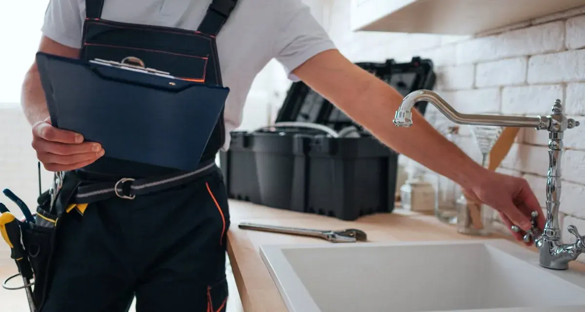 Instrukcja jak zmienić uszczelkę w kranie: hydraulik z narzędziami i teczką przy zlewie.