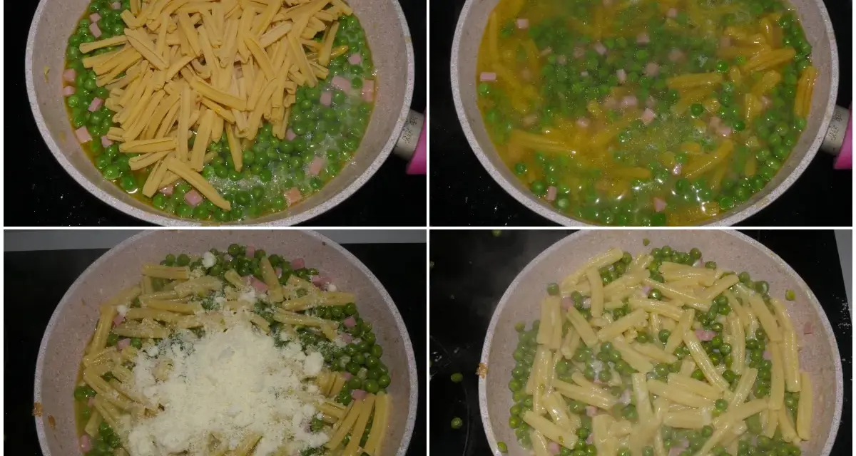 Preparazione di pasta e piselli in padella: la pasta viene aggiunta ai piselli e cubetti di prosciutto, poi cotta e infine condita con formaggio grattugiato.