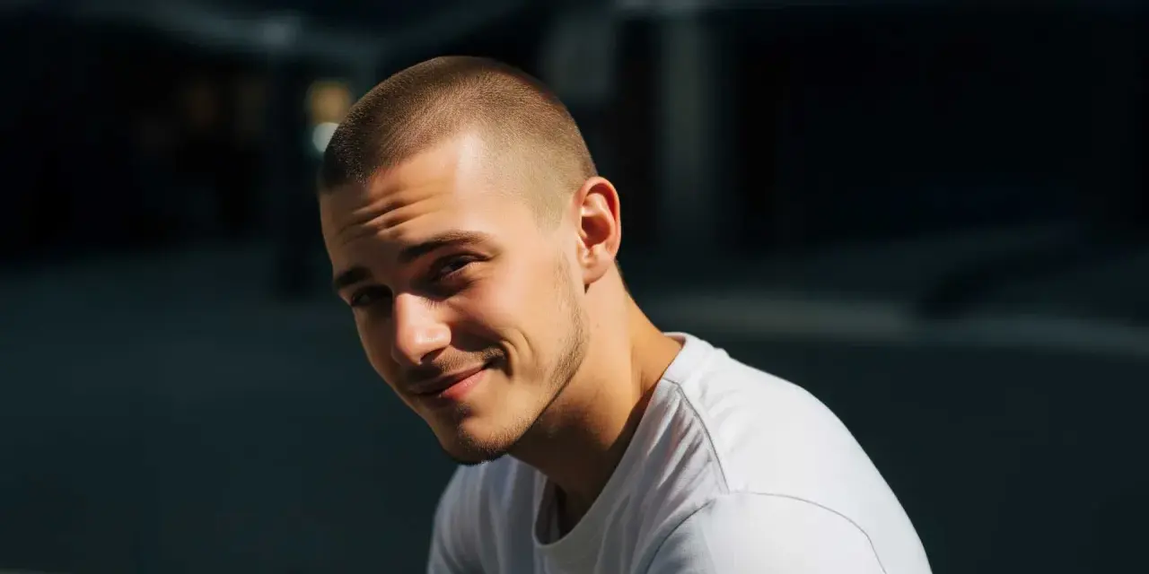 Joven sonriente con un corte afeitado impecable y barba cuidada, luciendo una camiseta blanca.