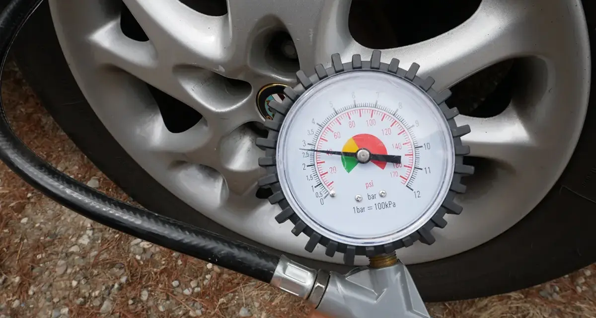 Misurazione della pressione delle gomme auto con manometro. La lancetta indica circa 2.5 bar.